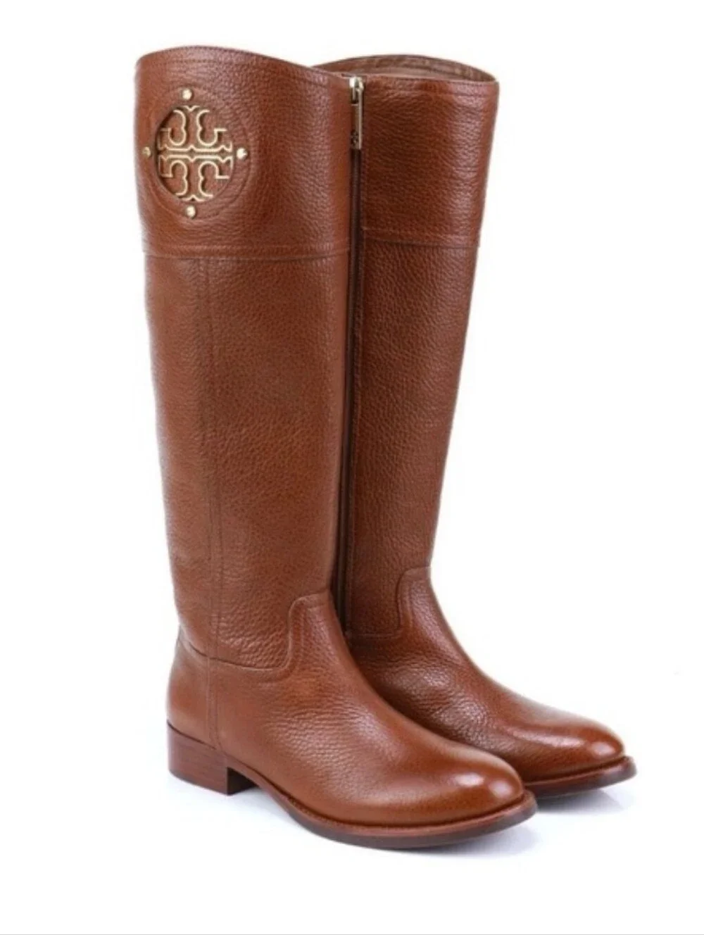 Tory Burch Cognac Leather Knee-High Boots with Gold Logo